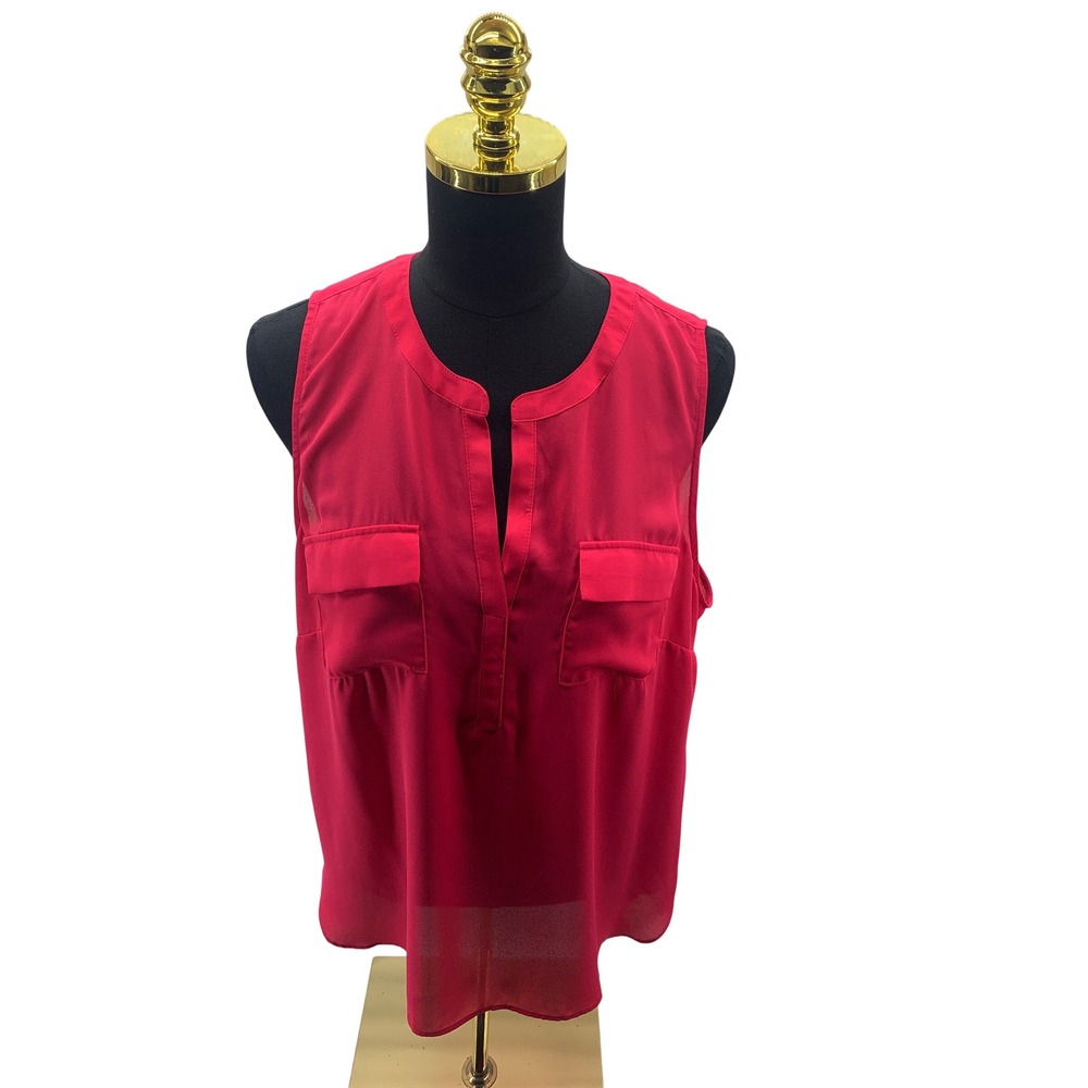 a.n.a A New Approach Womens XL Pink Sleeveless Split Neck Blouse Pocketed Top